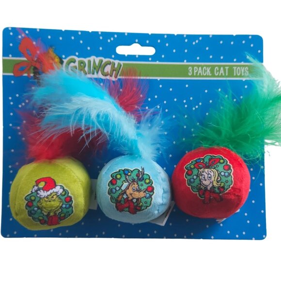Dr. Seuss's The Grinch 3-Pack Cat Toys With Feathers Pet Animal Christmas - Picture 1 of 7